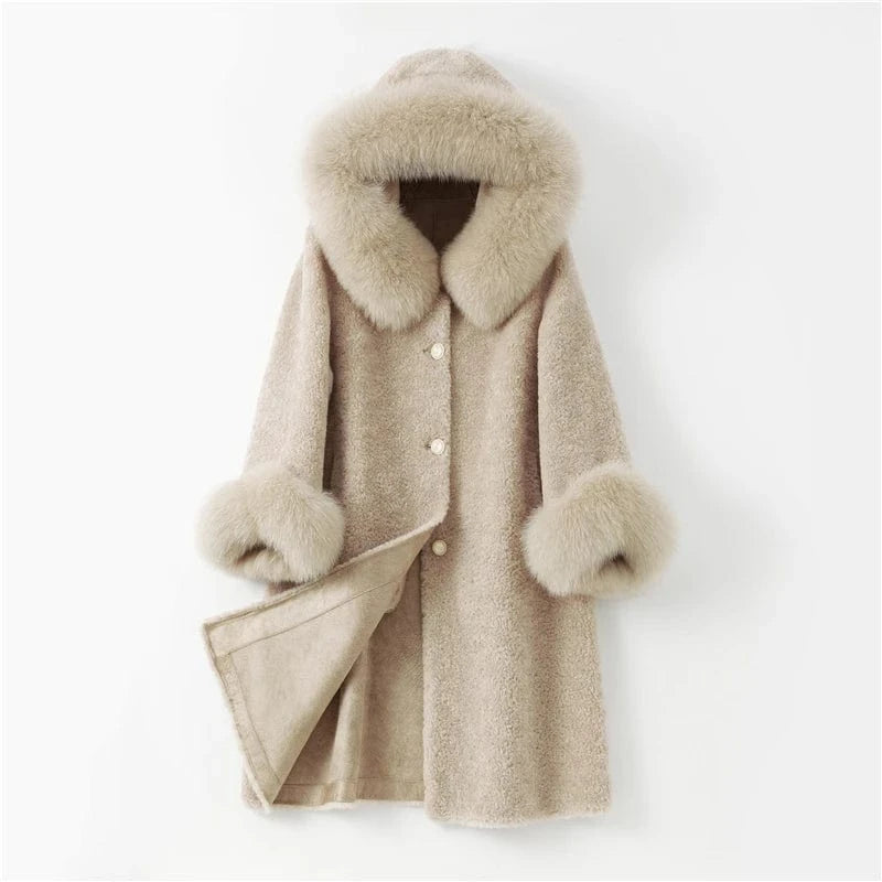 Pudi women long real sheep fur coat jacket female winter fox fur collar jackets parka trench H903-A