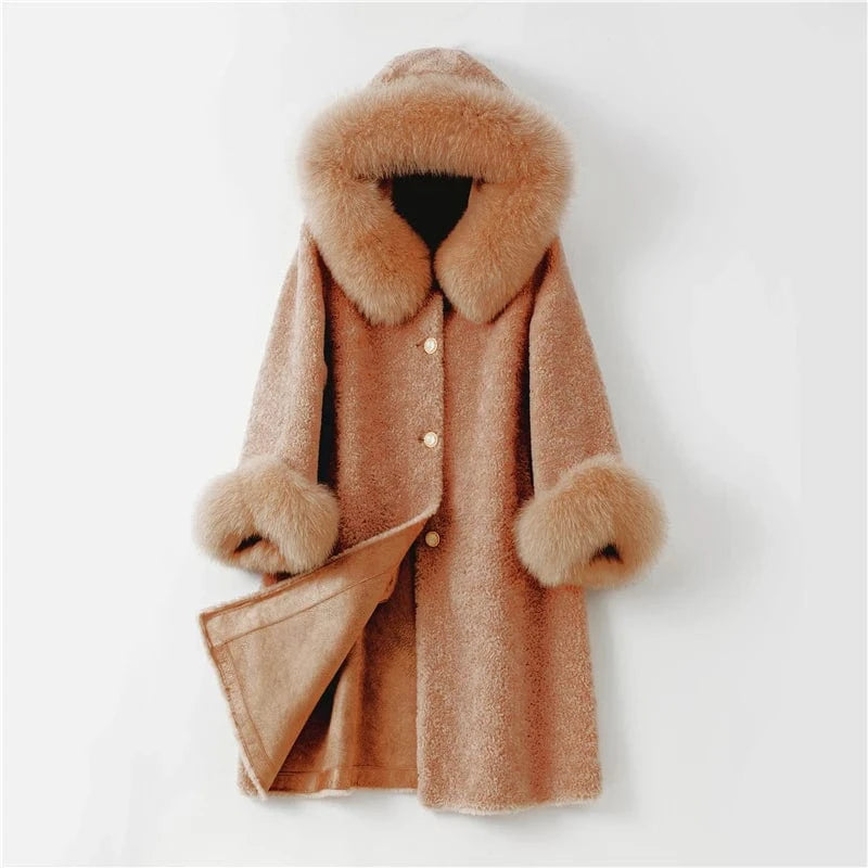 Pudi women long real sheep fur coat jacket female winter fox fur collar jackets parka trench H903-A