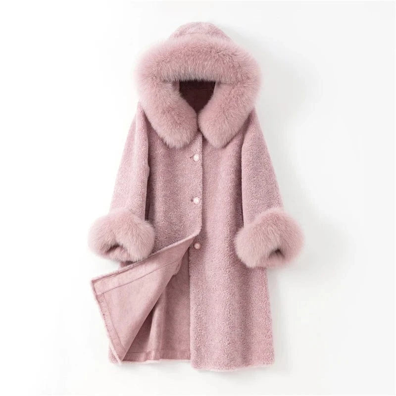 Pudi women long real sheep fur coat jacket female winter fox fur collar jackets parka trench H903-A