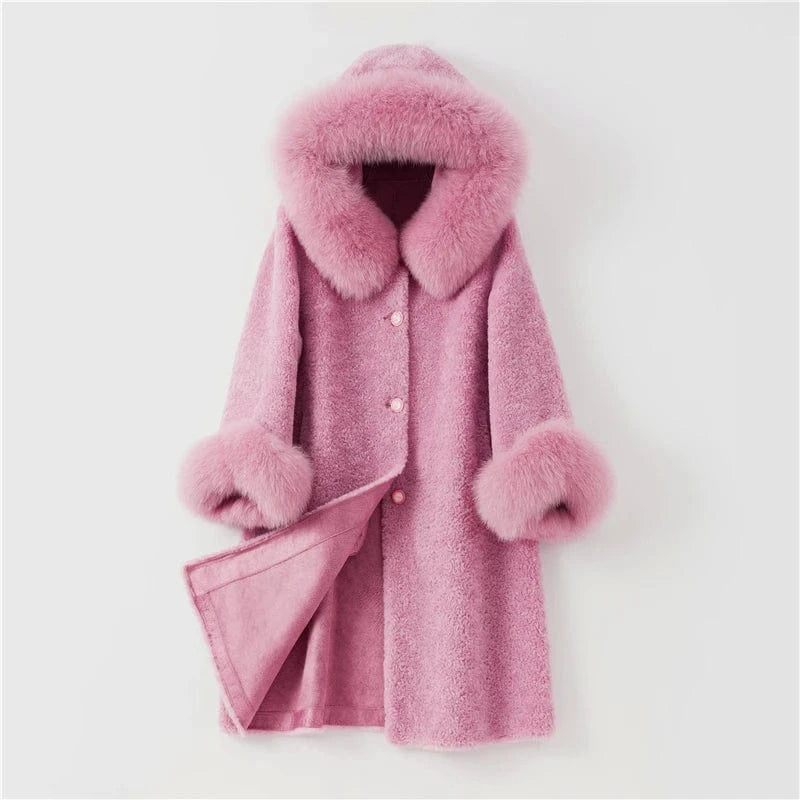 Pudi women long real sheep fur coat jacket female winter fox fur collar jackets parka trench H903-A