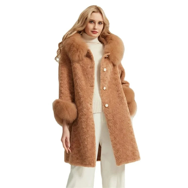Pudi women long real sheep fur coat jacket female winter fox fur collar jackets parka trench H903-A