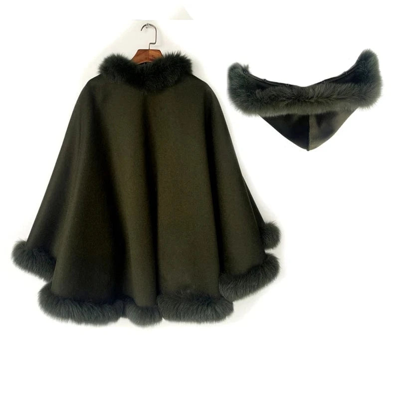 Pudi Women Real Fox Fur Coat Jacket Female Genuine Wool Hooded Shawl Cape Fleece Autumn and Winter Woolen Women Coat Casual