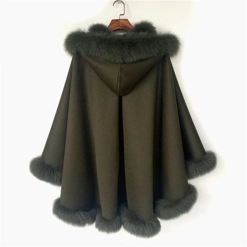 Pudi Women Real Fox Fur Coat Jacket Female Genuine Wool Hooded Shawl Cape Fleece Autumn and Winter Woolen Women Coat Casual