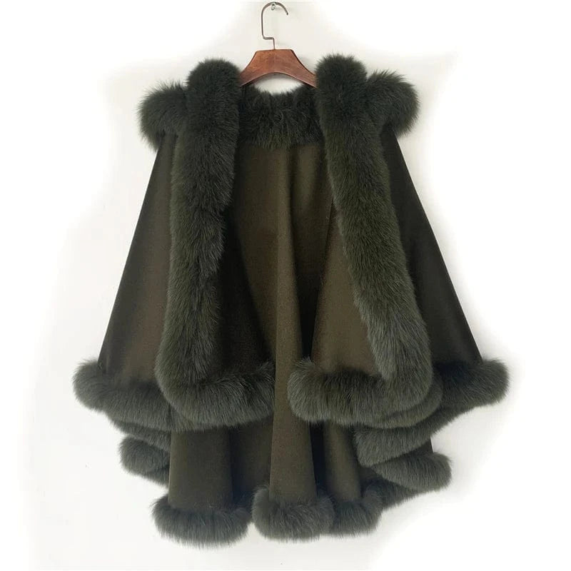 Pudi Women Real Fox Fur Coat Jacket Female Genuine Wool Hooded Shawl Cape Fleece Autumn and Winter Woolen Women Coat Casual