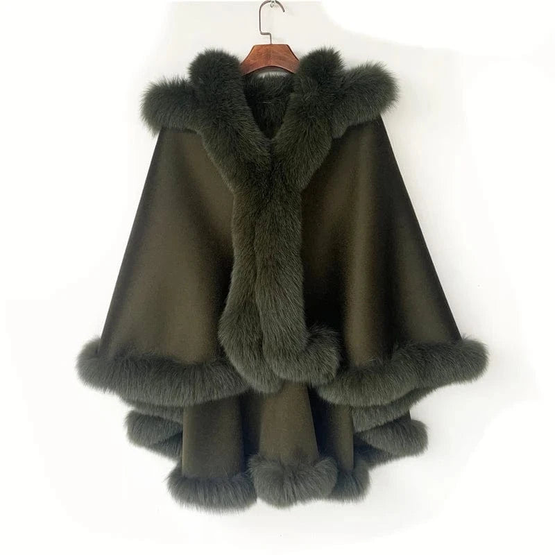 Pudi Women Real Fox Fur Coat Jacket Female Genuine Wool Hooded Shawl Cape Fleece Autumn and Winter Woolen Women Coat Casual