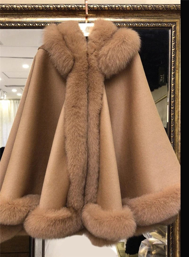 Pudi Women Real Fox Fur Coat Jacket Female Genuine Wool Hooded Shawl Cape Fleece Autumn and Winter Woolen Women Coat Casual
