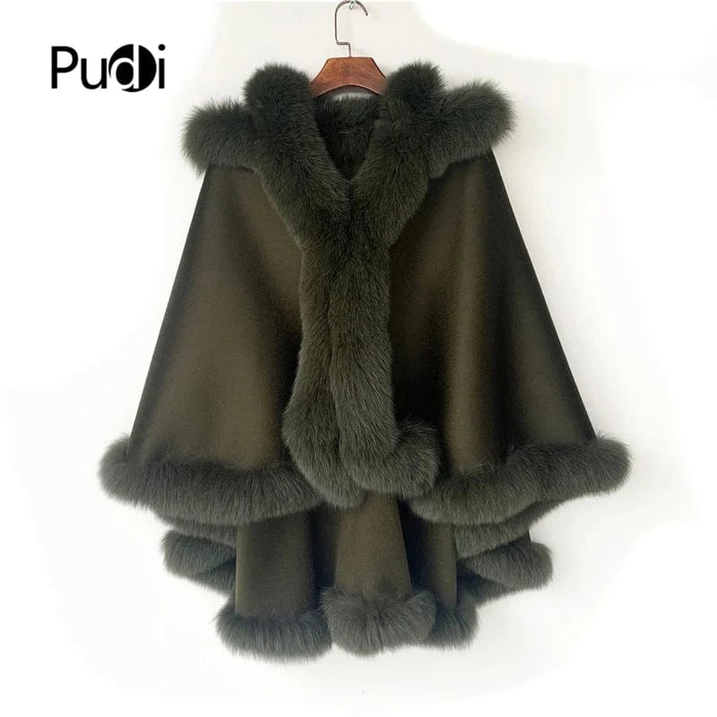 Pudi Women Real Fox Fur Coat Jacket Female Genuine Wool Hooded Shawl Cape Fleece Autumn and Winter Woolen Women Coat Casual