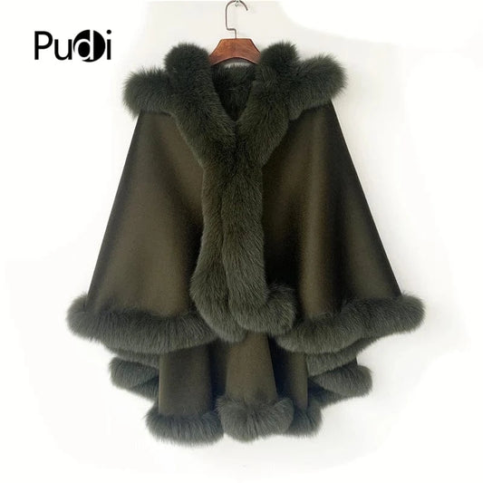 Pudi Women Real Fox Fur Coat Jacket Female Genuine Wool Hooded Shawl Cape Fleece Autumn and Winter Woolen Women Coat Casual