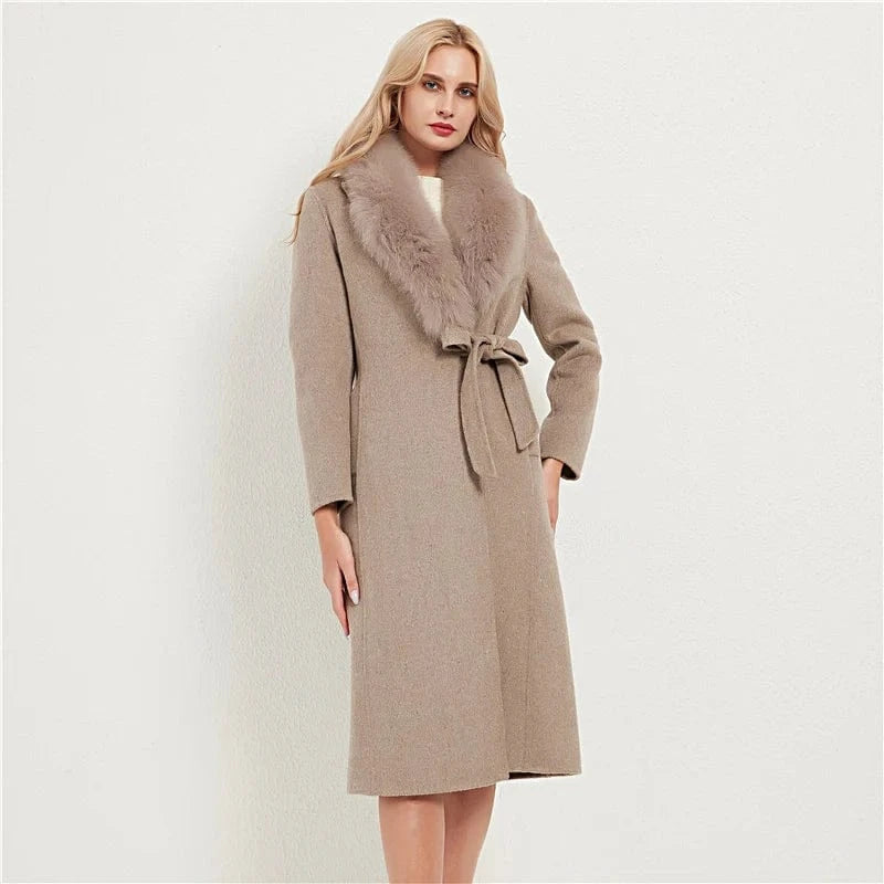 Pudi Women Real Fox Fur Coat Jacket Female Lady Wool Blends Coats Jackets Fleece Long Autumn Knitted Woolen Windproof Wool Shell