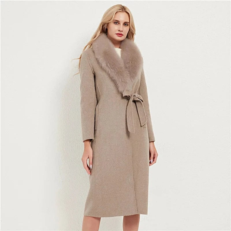 Pudi Women Real Fox Fur Coat Jacket Female Lady Wool Blends Coats Jackets Fleece Long Autumn Knitted Woolen Windproof Wool Shell