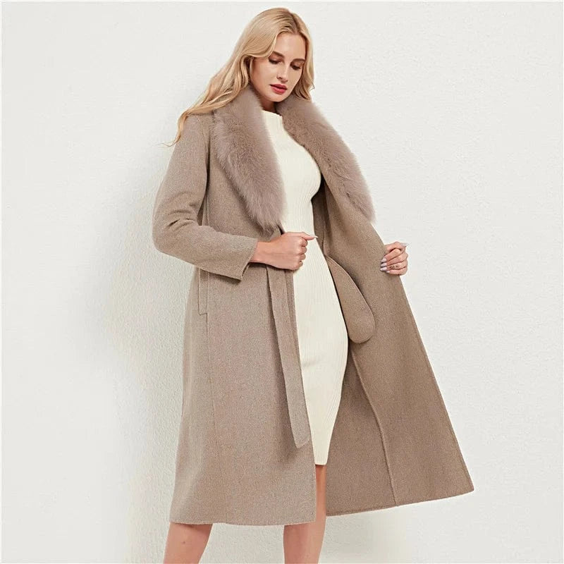 Pudi Women Real Fox Fur Coat Jacket Female Lady Wool Blends Coats Jackets Fleece Long Autumn Knitted Woolen Windproof Wool Shell