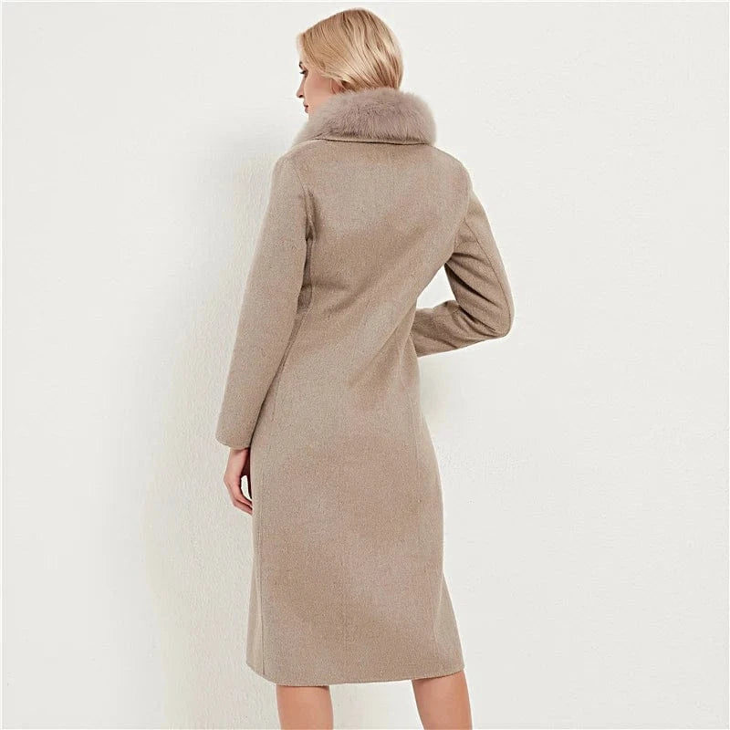 Pudi Women Real Fox Fur Coat Jacket Female Lady Wool Blends Coats Jackets Fleece Long Autumn Knitted Woolen Windproof Wool Shell