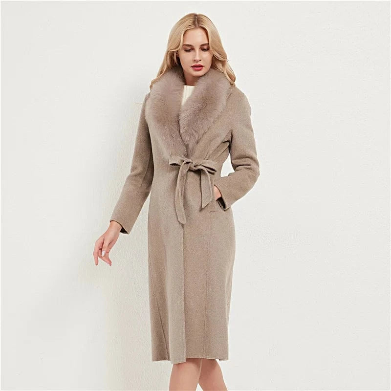 Pudi Women Real Fox Fur Coat Jacket Female Lady Wool Blends Coats Jackets Fleece Long Autumn Knitted Woolen Windproof Wool Shell