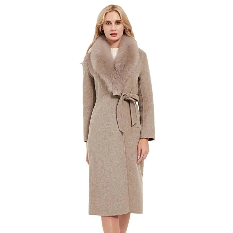 Pudi Women Real Fox Fur Coat Jacket Female Lady Wool Blends Coats Jackets Fleece Long Autumn Knitted Woolen Windproof Wool Shell