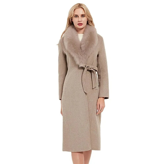 Pudi Women Real Fox Fur Coat Jacket Female Lady Wool Blends Coats Jackets Fleece Long Autumn Knitted Woolen Windproof Wool Shell