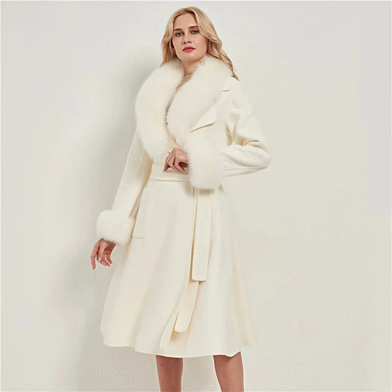 Pudi women real fox fur coat jacket female lady wool blends coats jackets long trench with fox collar cuff CT032