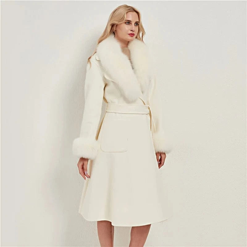 Pudi women real fox fur coat jacket female lady wool blends coats jackets long trench with fox collar cuff CT032