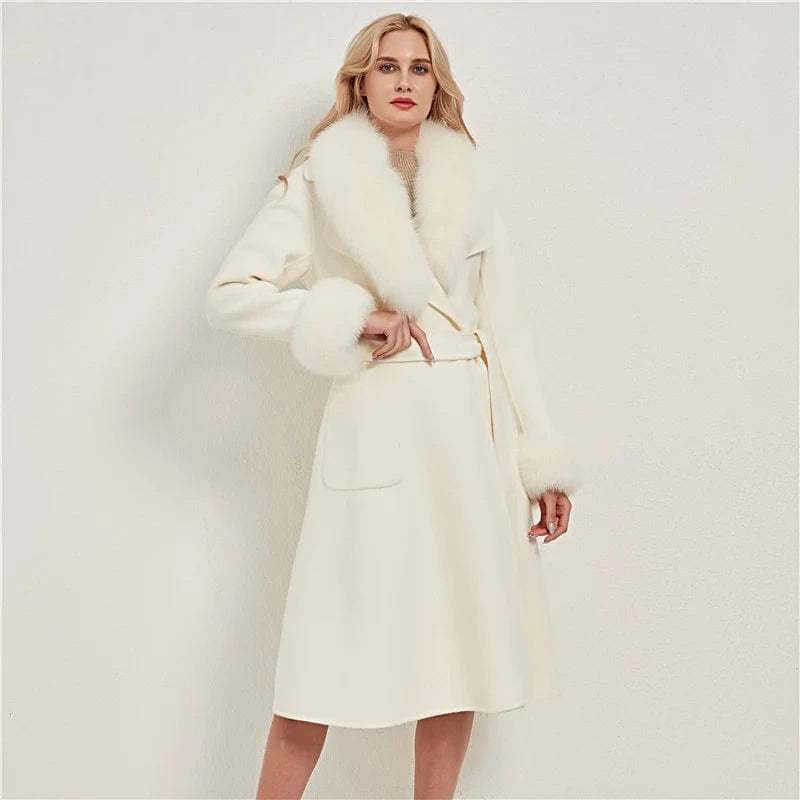 Pudi women real fox fur coat jacket female lady wool blends coats jackets long trench with fox collar cuff CT032
