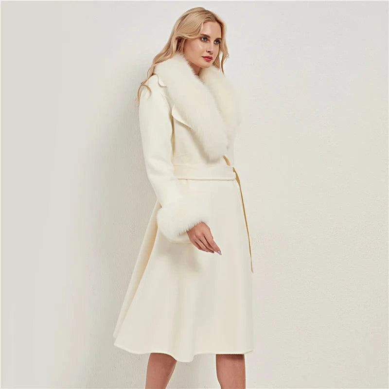 Pudi women real fox fur coat jacket female lady wool blends coats jackets long trench with fox collar cuff CT032