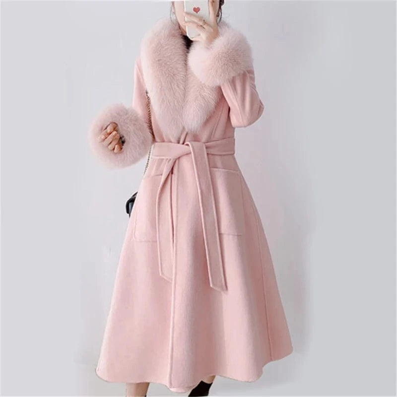 Pudi women real fox fur coat jacket female lady wool blends coats jackets long trench with fox collar cuff CT032