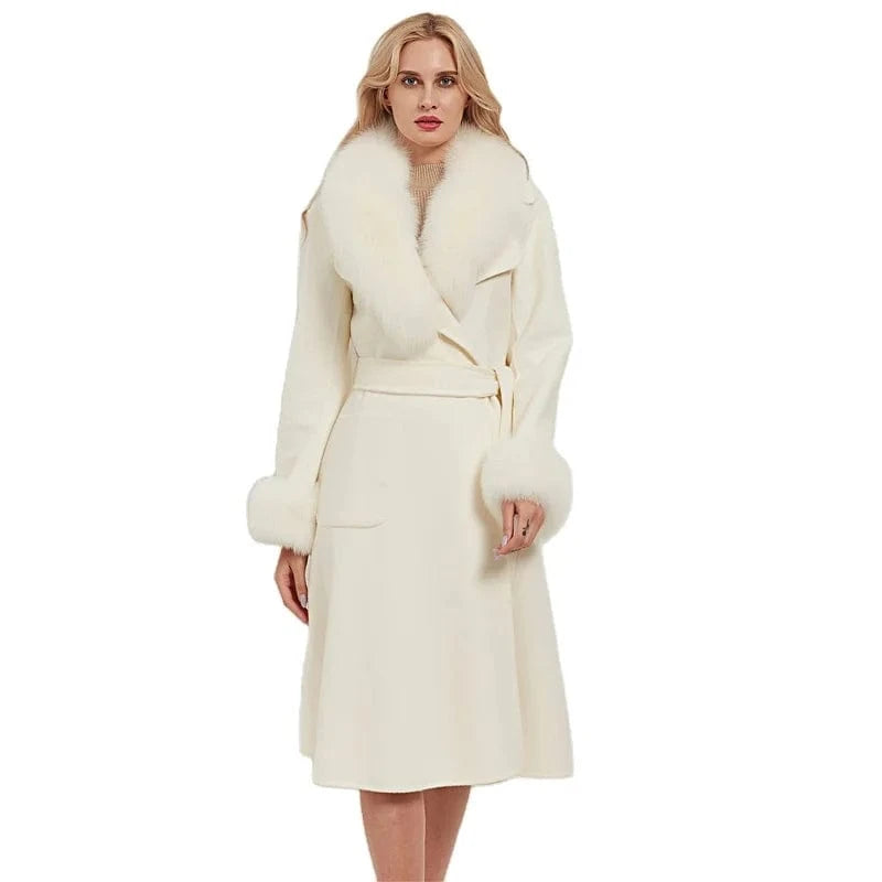 Pudi women real fox fur coat jacket female lady wool blends coats jackets long trench with fox collar cuff CT032