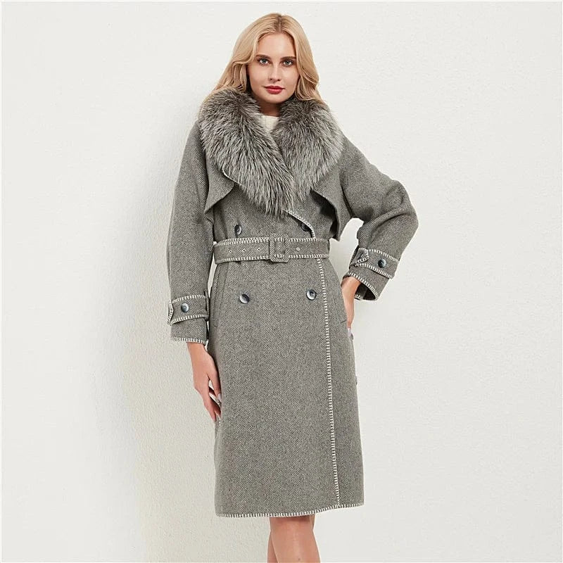 Pudi women real fox fur coat jacket female lady wool blends fox fur collar coats jackets long trench CT037