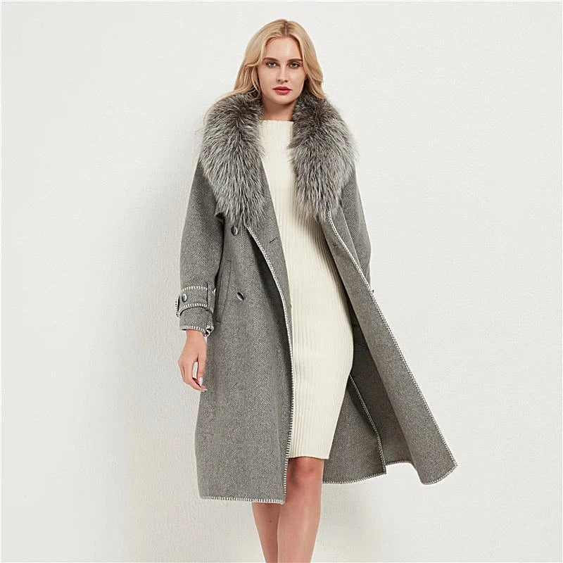Pudi women real fox fur coat jacket female lady wool blends fox fur collar coats jackets long trench CT037