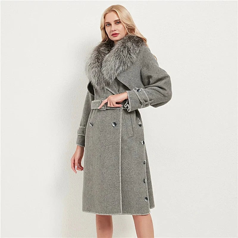 Pudi women real fox fur coat jacket female lady wool blends fox fur collar coats jackets long trench CT037