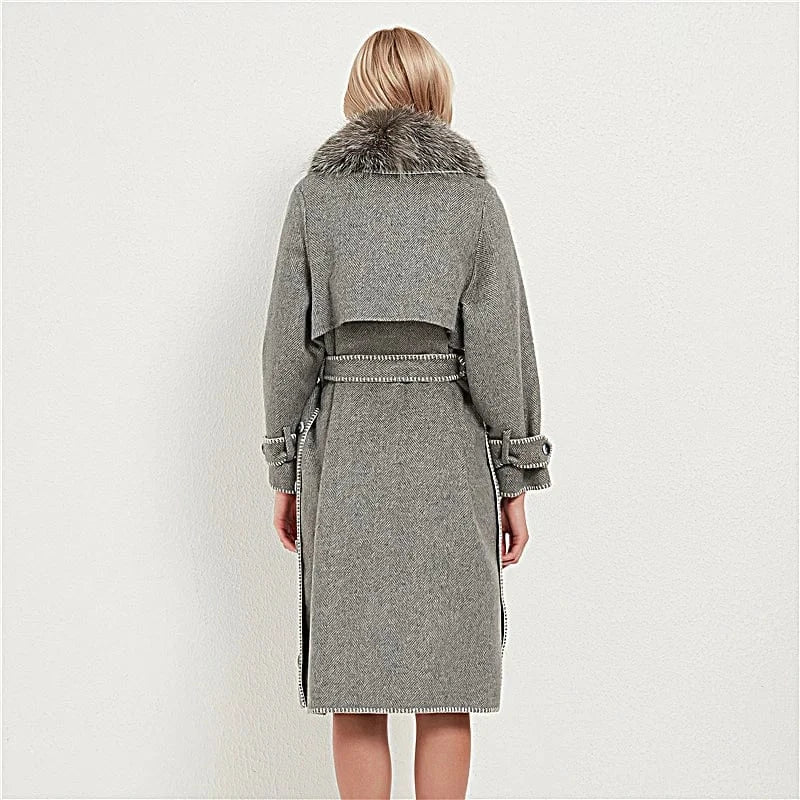 Pudi women real fox fur coat jacket female lady wool blends fox fur collar coats jackets long trench CT037