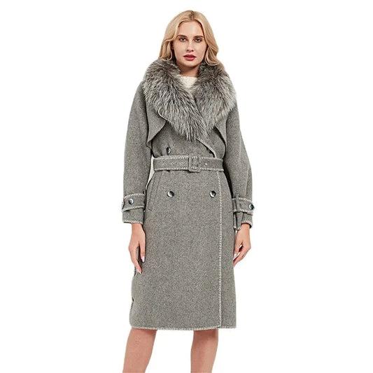 Pudi women real fox fur coat jacket female lady wool blends fox fur collar coats jackets long trench CT037