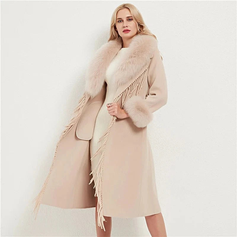 Pudi Women Real Fur Coat Jacket Female Lady Wool Blends Fox Fur Collar Coats Jackets Fleece Long Autumn Knitted Woolen Windproof