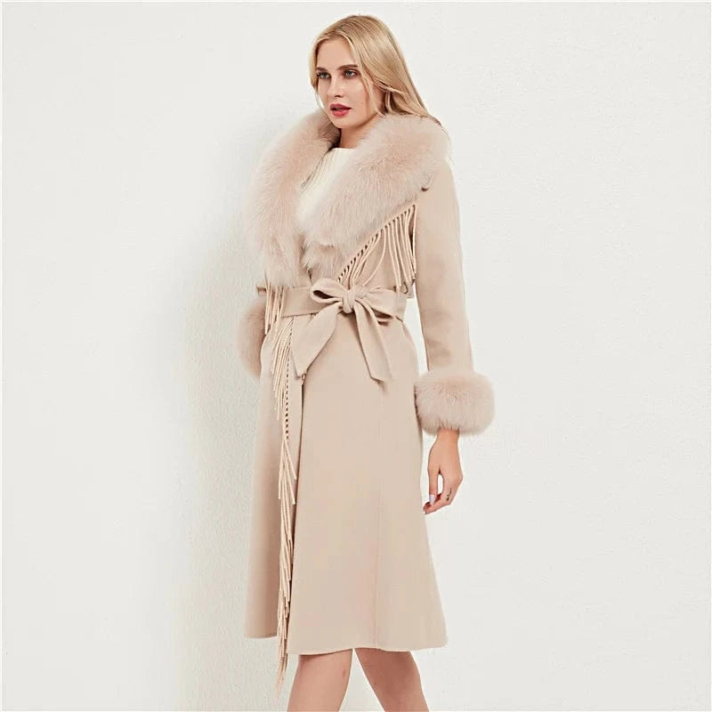 Pudi Women Real Fur Coat Jacket Female Lady Wool Blends Fox Fur Collar Coats Jackets Fleece Long Autumn Knitted Woolen Windproof