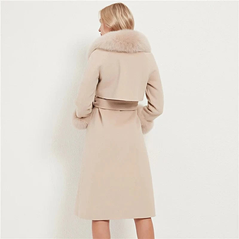 Pudi Women Real Fur Coat Jacket Female Lady Wool Blends Fox Fur Collar Coats Jackets Fleece Long Autumn Knitted Woolen Windproof