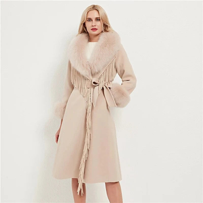 Pudi Women Real Fur Coat Jacket Female Lady Wool Blends Fox Fur Collar Coats Jackets Fleece Long Autumn Knitted Woolen Windproof