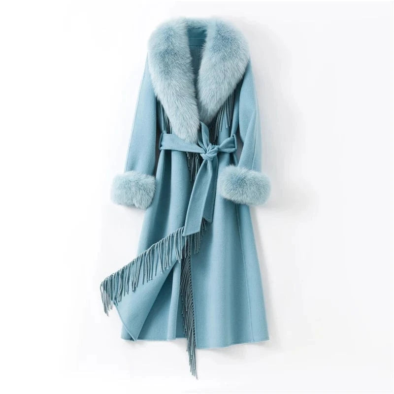 Pudi Women Real Fur Coat Jacket Female Lady Wool Blends Fox Fur Collar Coats Jackets Fleece Long Autumn Knitted Woolen Windproof