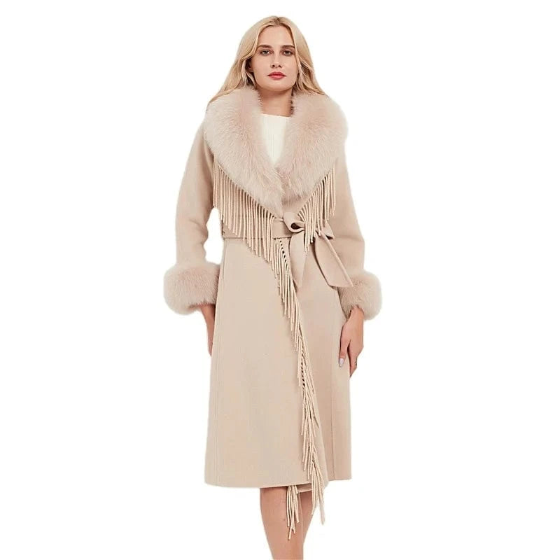 Pudi Women Real Fur Coat Jacket Female Lady Wool Blends Fox Fur Collar Coats Jackets Fleece Long Autumn Knitted Woolen Windproof