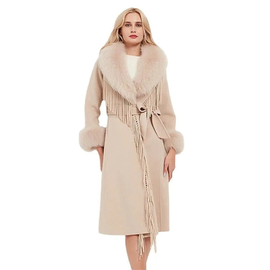 Pudi Women Real Fur Coat Jacket Female Lady Wool Blends Fox Fur Collar Coats Jackets Fleece Long Autumn Knitted Woolen Windproof