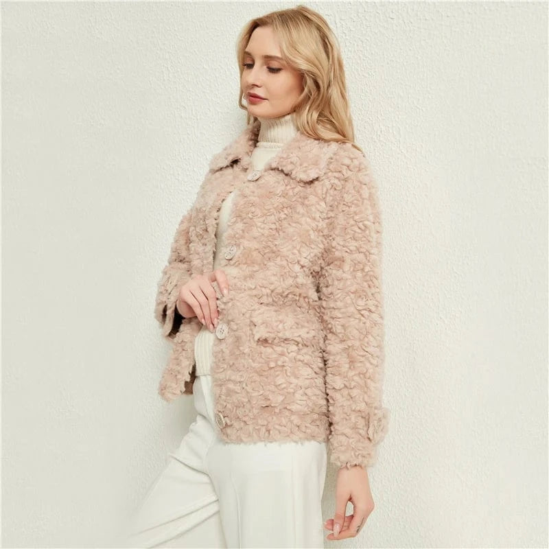 Pudi women real fur coat jacket female natural sheep fur coats turn down collar jackets parka H886