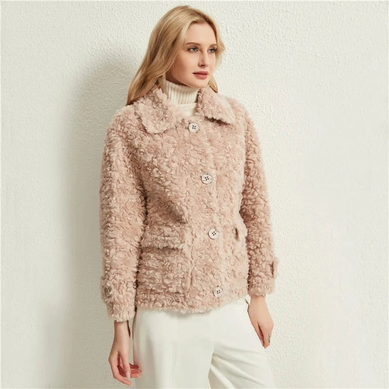 Pudi women real fur coat jacket female natural sheep fur coats turn down collar jackets parka H886