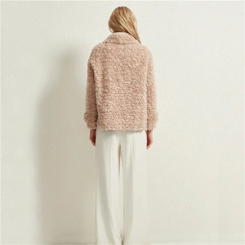 Pudi women real fur coat jacket female natural sheep fur coats turn down collar jackets parka H886