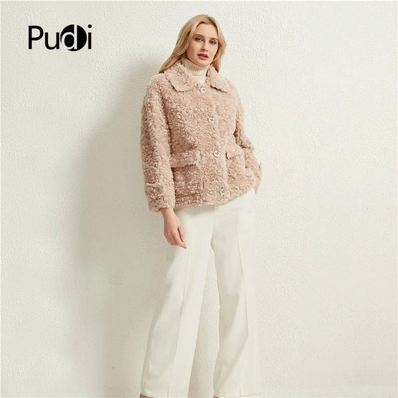 Pudi women real fur coat jacket female natural sheep fur coats turn down collar jackets parka H886