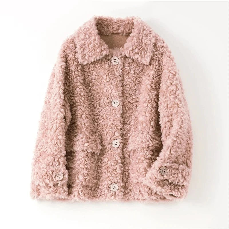 Pudi women real fur coat jacket female natural sheep fur coats turn down collar jackets parka H886