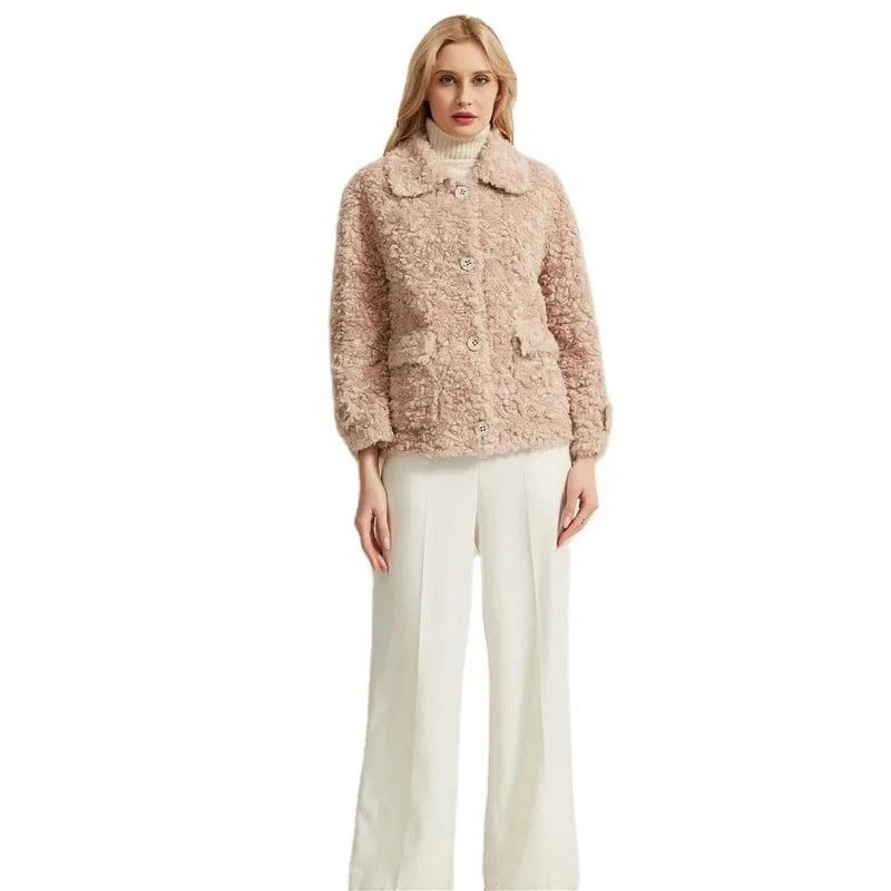 Pudi women real fur coat jacket female natural sheep fur coats turn down collar jackets parka H886