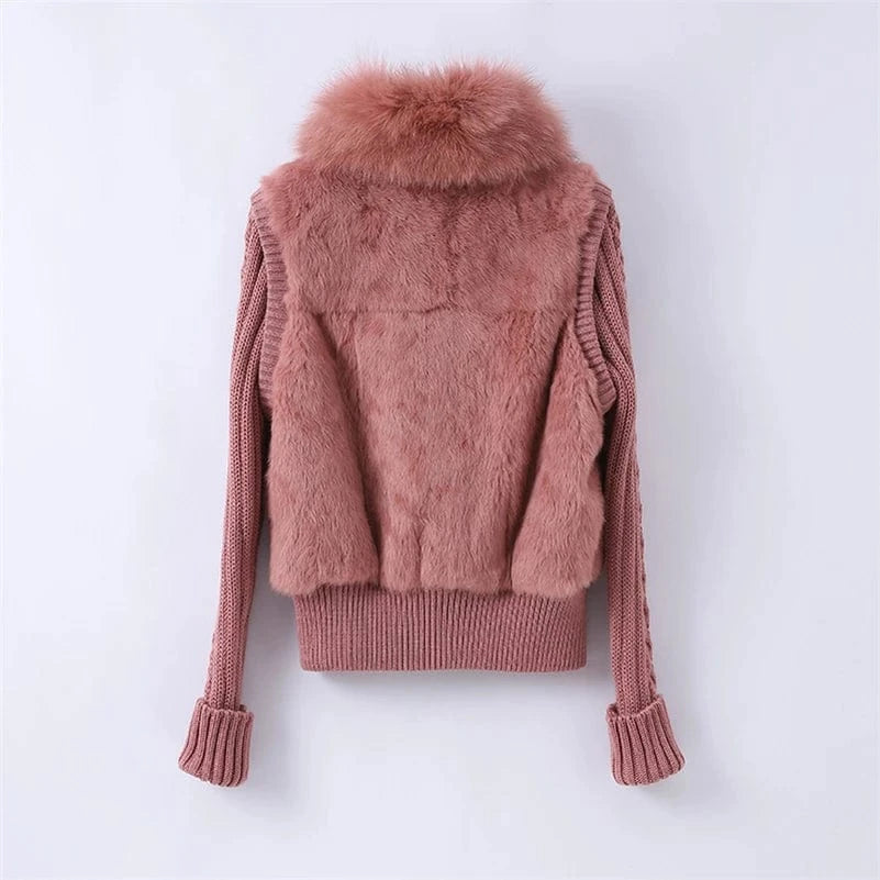 Pudi women Real Rabbit Fur Jacket Coat Female Winter Fox Collar Sweater Parka Vest Jackets CT138
