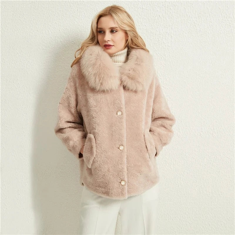 Pudi women real sheep fur coat jacket female winter fox fur collar jackets hooded parka trench H985