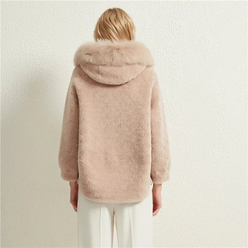 Pudi women real sheep fur coat jacket female winter fox fur collar jackets hooded parka trench H985