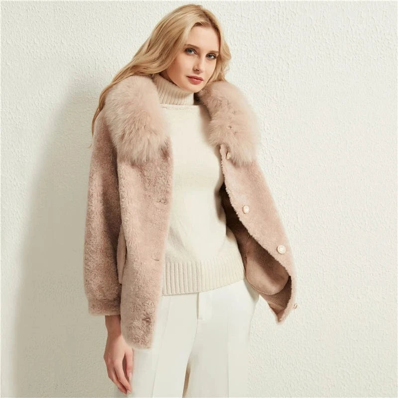 Pudi women real sheep fur coat jacket female winter fox fur collar jackets hooded parka trench H985