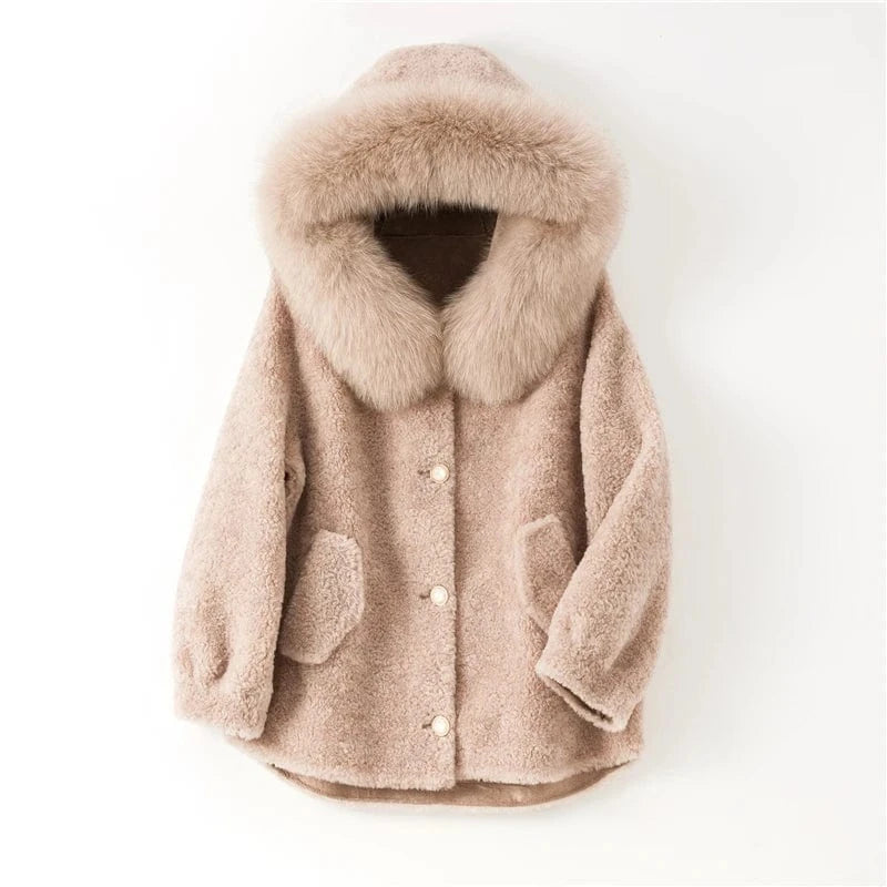 Pudi women real sheep fur coat jacket female winter fox fur collar jackets hooded parka trench H985