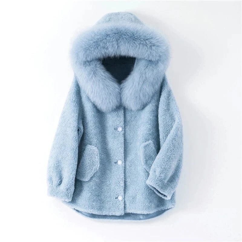 Pudi women real sheep fur coat jacket female winter fox fur collar jackets hooded parka trench H985