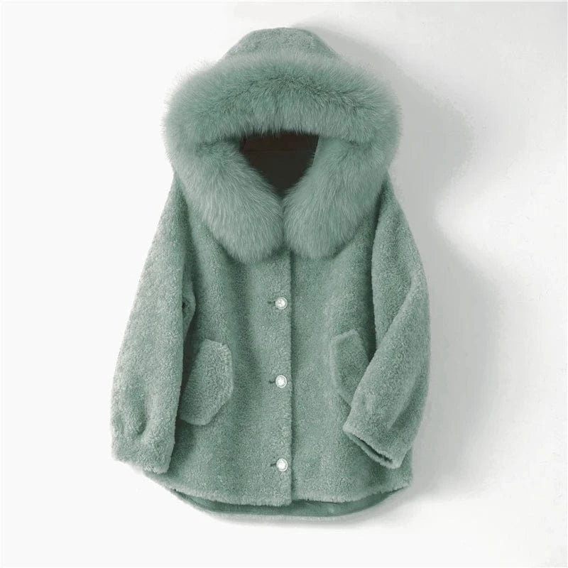 Pudi women real sheep fur coat jacket female winter fox fur collar jackets hooded parka trench H985
